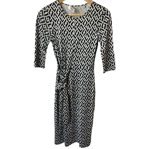 Diane Von Fransterburg 100% Silk Black White Geo Print 3/4 Sleeve Dress XS - Picture 1 of 6